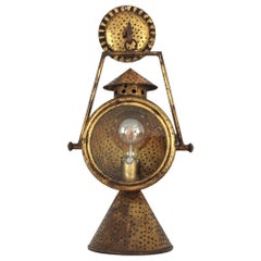 Spanish Railway Design Large Hanging Wall Lantern or Sconce in Gilt Iron