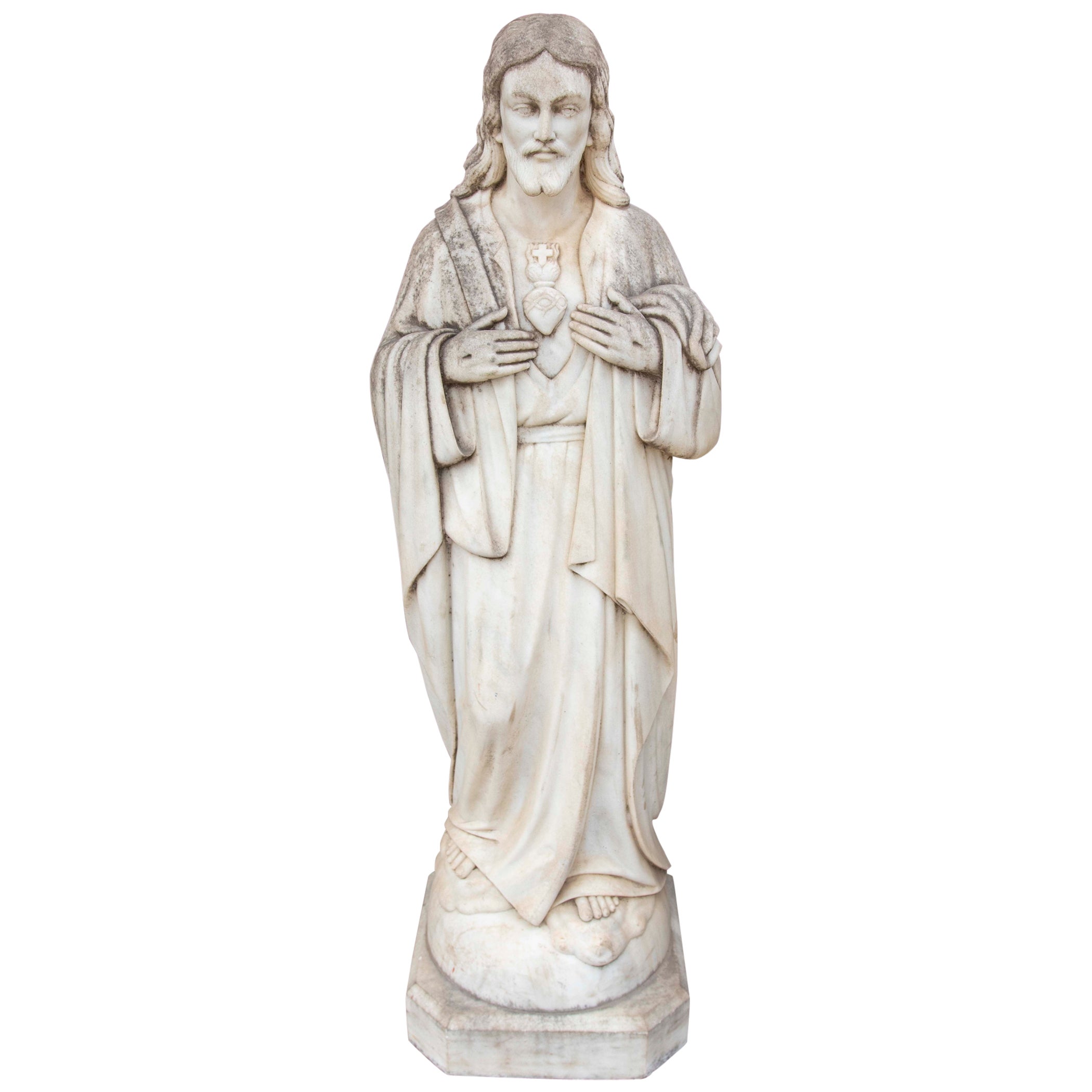 1940 Escultura de mármol tallada a mano de Jesucristo del Sagrado Corazón