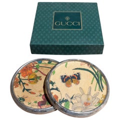 1980s Pair of Gucci Coasters with Fabric and Silver Rim, Italy
