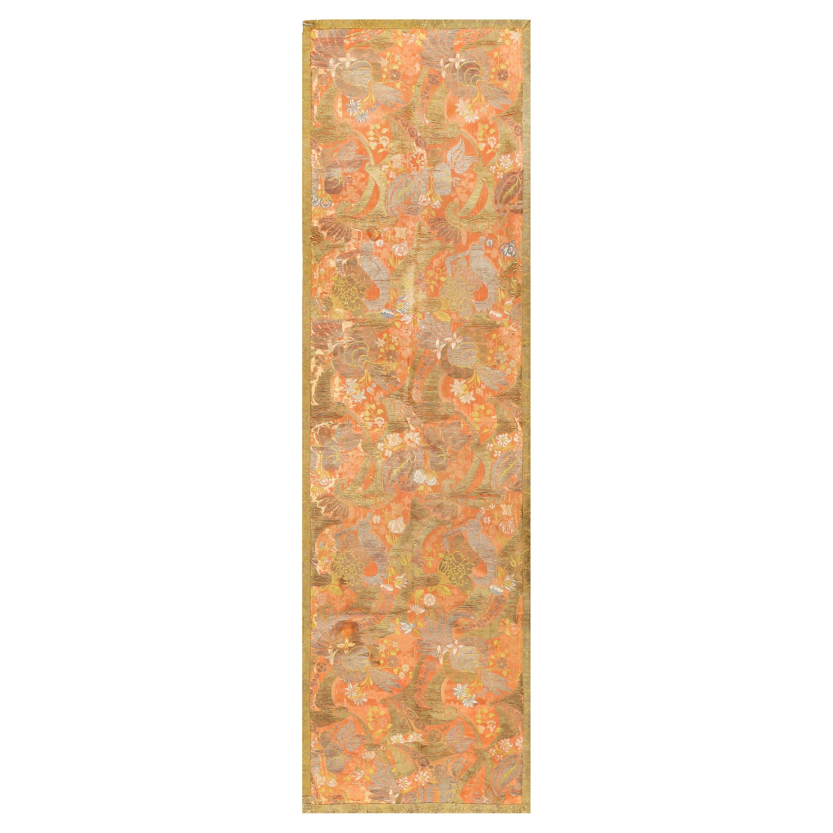 Coral Artistic Antique 19th Century Indian Metallic and Silk Textile 9" x 5'7" For Sale
