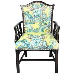 Chinese Chippendale Style Carved Armchair in Jim Thompson Fabric