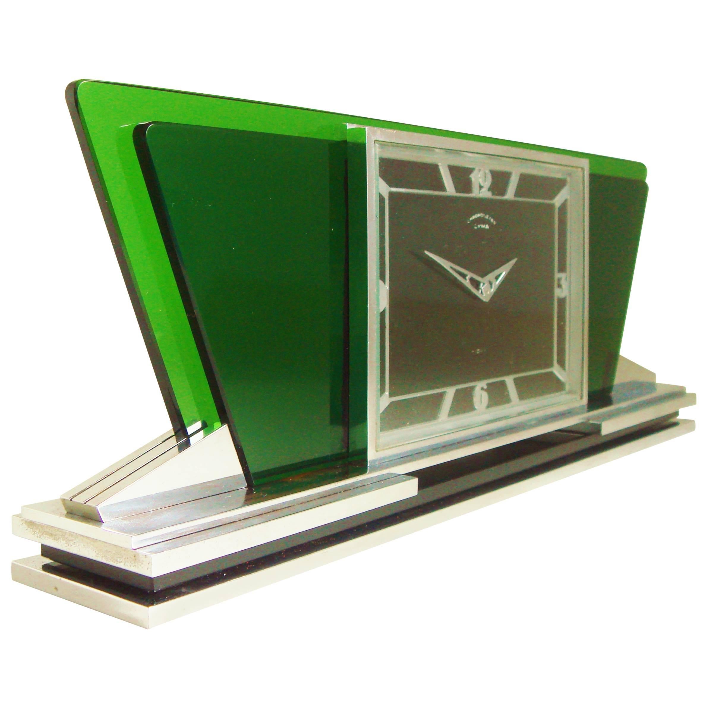 Stunning Swiss Art Deco Chrome and Glass Mechanical Desk Chronometer by CYMA 