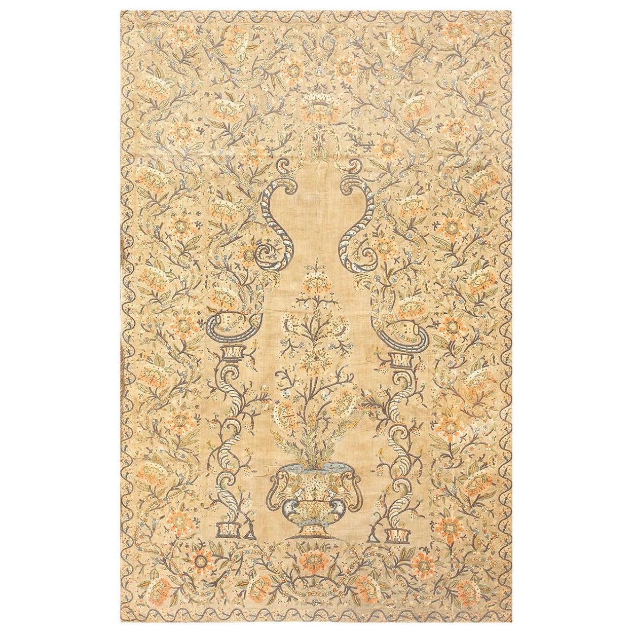 Antique Silk Floral Vase Persian Islamic Prayer Design Textile 3'7" x 5'6" For Sale