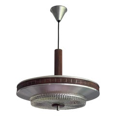 Great Design Modern Mid-Century Glass & Brass & Wood Suspension Light Fixture 1970 (luminaire suspendu en verre, laiton et bois)