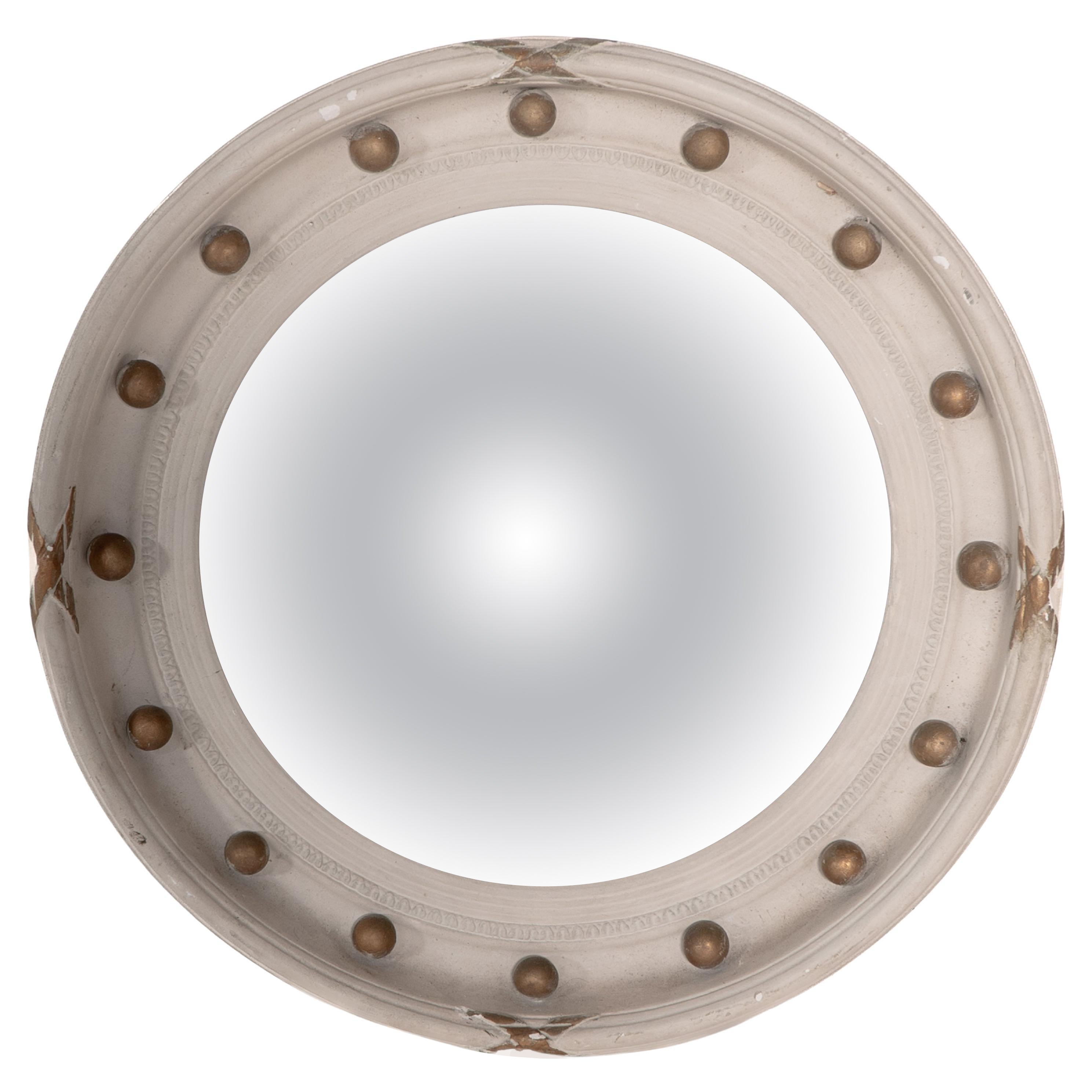 Miroir circulaire convexe de style Régence avec décoration de boules et de rubans