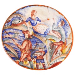 "Seaside Scenes, " Unique Art Deco Bowl with Fishing Village Scenes "Seaside Scenes, " Unique Art Deco Bowl with Fishing Village Scenes