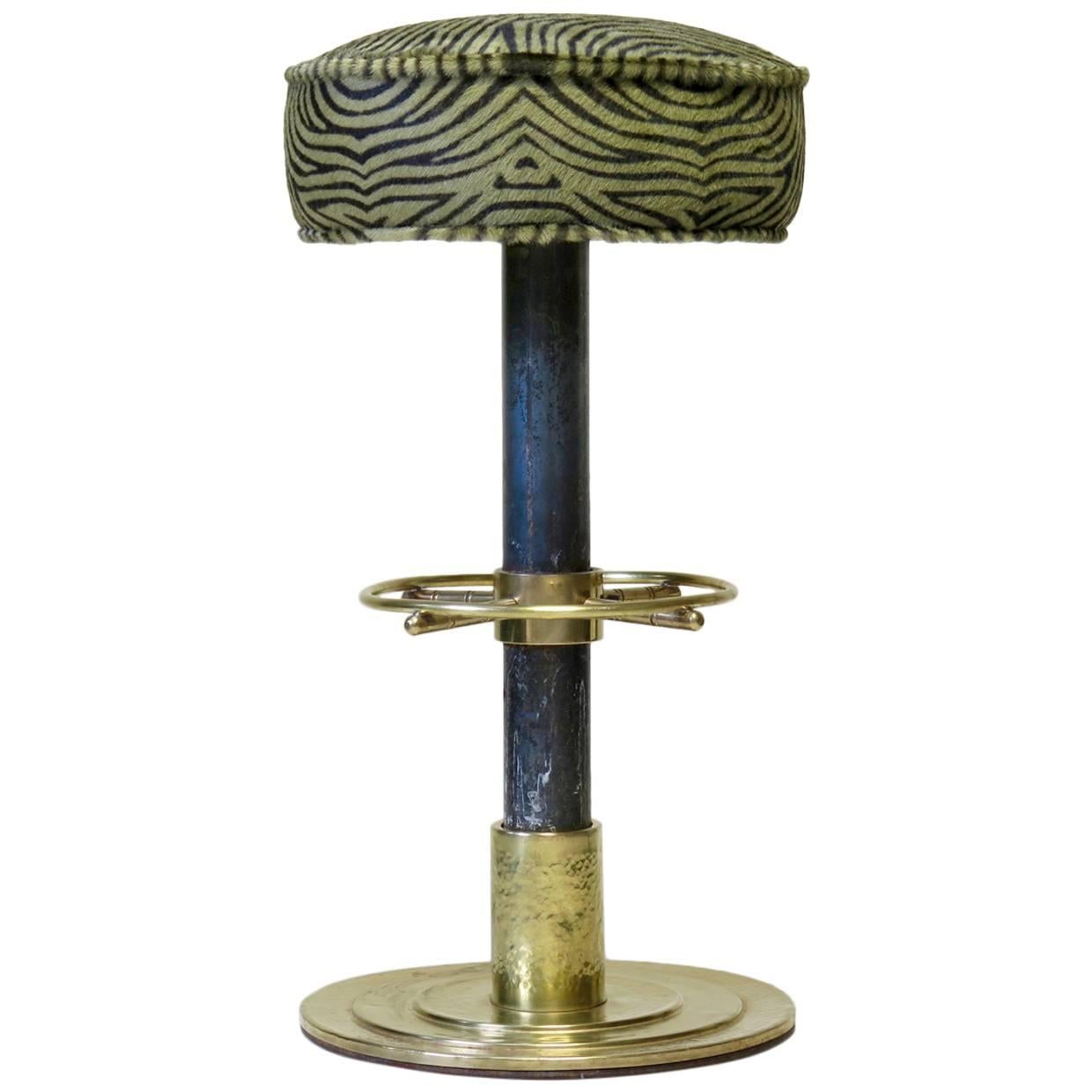 Brass, Metal and Faux-Zebra Stool, France, circa 1950s For Sale
