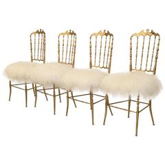 Set of Three Italian Brass Chiavari Chairs in Mongolian Fur 4
