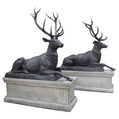Monumental Pair of Bronze Stags on Cast Stone Pedestals, H-97 1/2 inches
