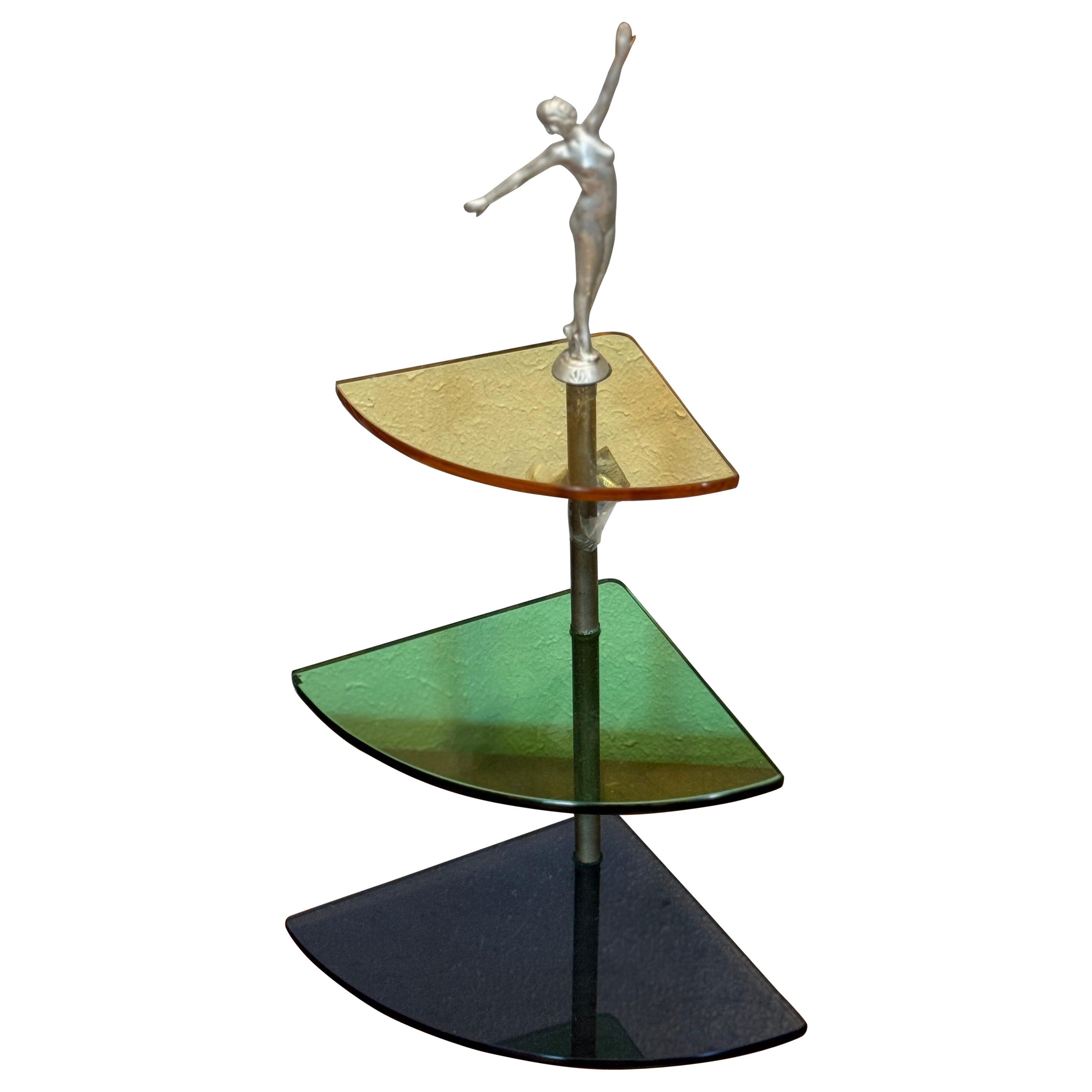 Rare Art deco colorful glass corner shelving for wall with a flapper girl