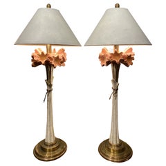 Pair of MCM Designer Tall Table Lamps with Lily Bouquets