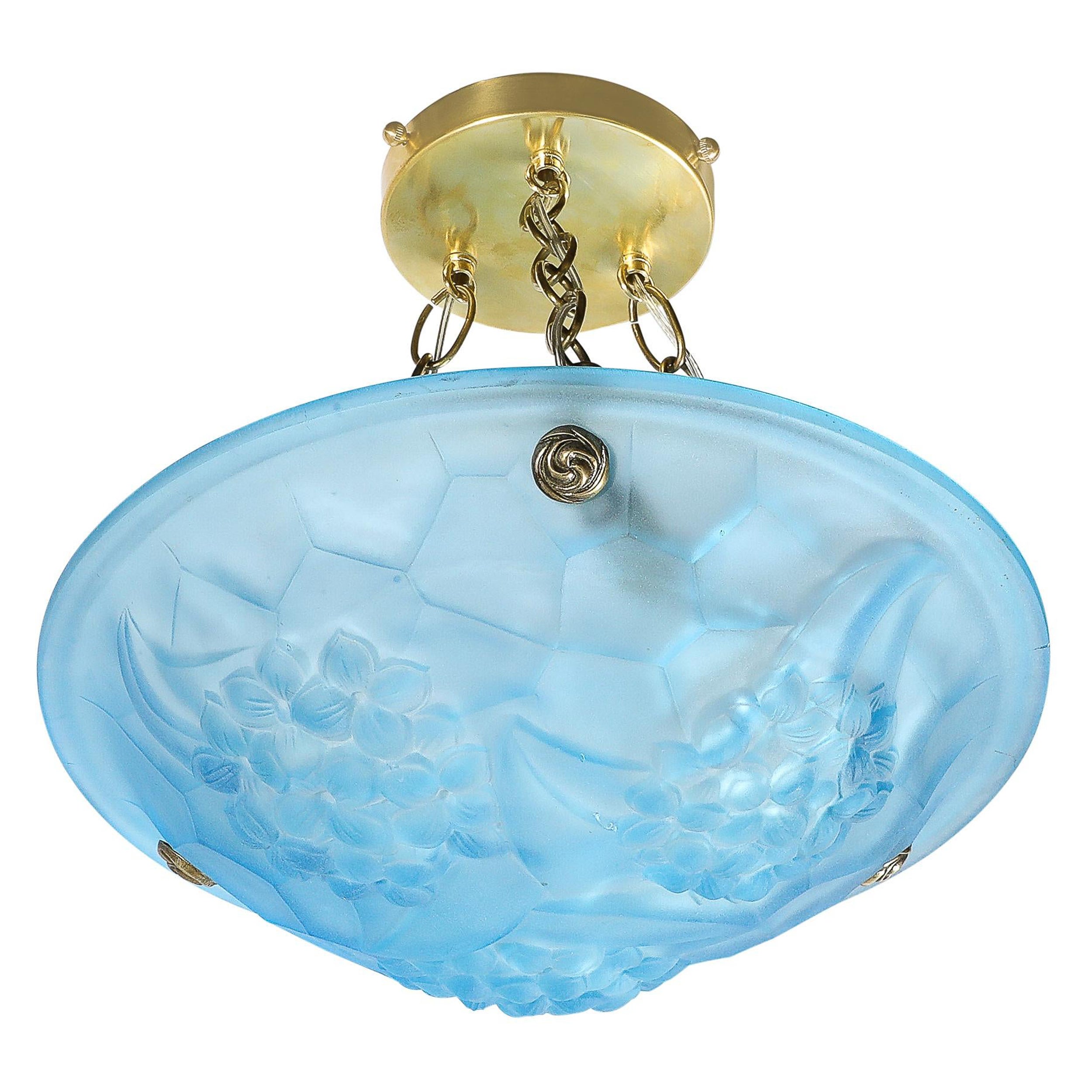 Art Deco Frosted Blue Glass Chandelier W/ Brass Fittings Signed ROC by Degué