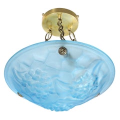 Art Deco Frosted Blue Glass Chandelier W/ Brass Fittings Signed ROC by Degué