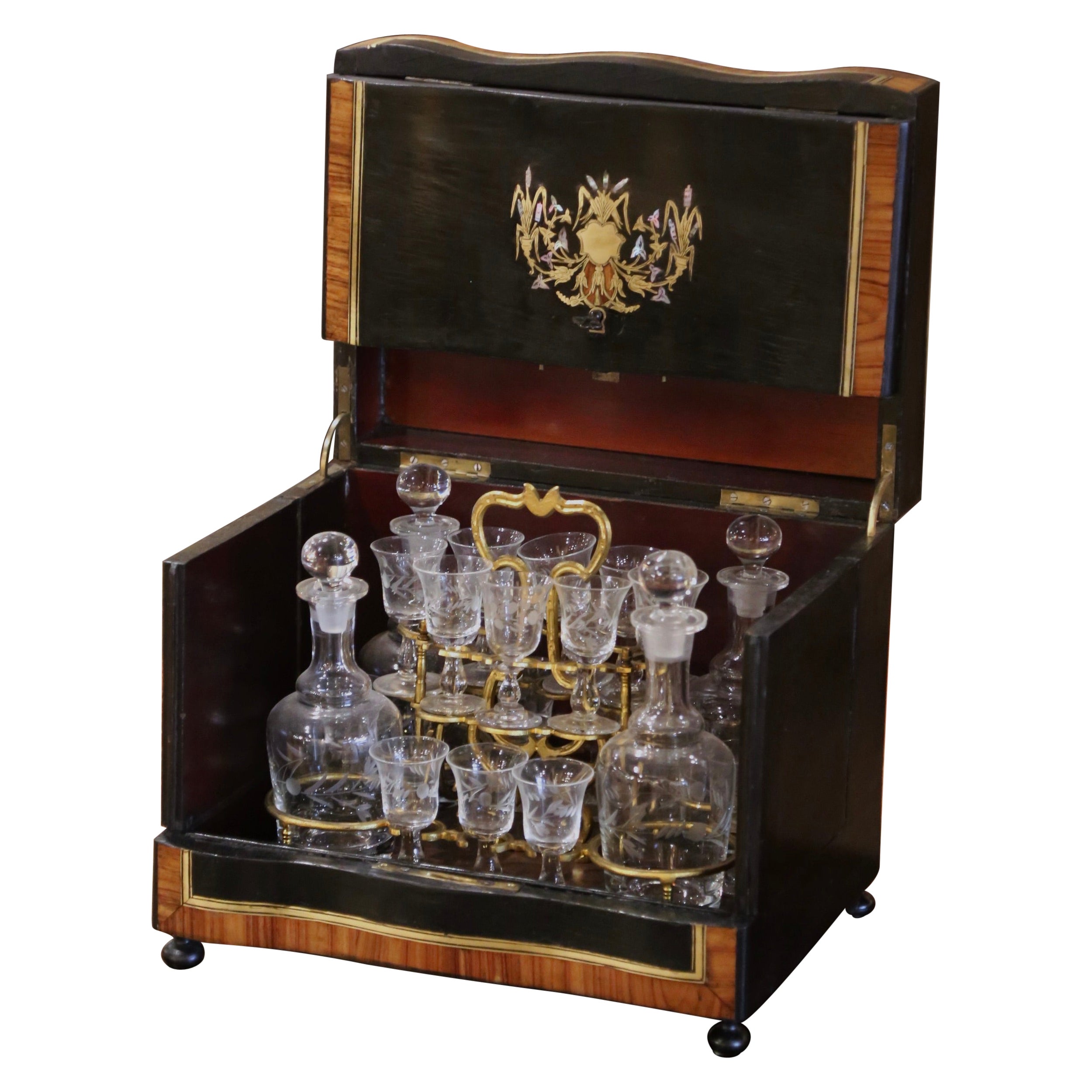 19th Century French Napoleon III Rosewood & Brass Inlaid Complete Cave a Liqueur