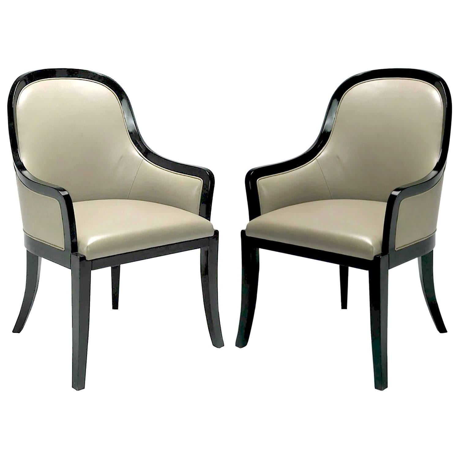 Pair of Karl Springer "Regina" Armchairs in Complementary Leather