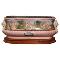 19th Century French Hand Painted Faience Jardinière on Wood Base with Zinc Tray