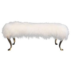 Brass Bench or Footstool in White Mongolian Fur