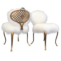 Vintage Pair of Brass Thinline Chairs in Mongolian Fur with Fleur-de-Lis Design
