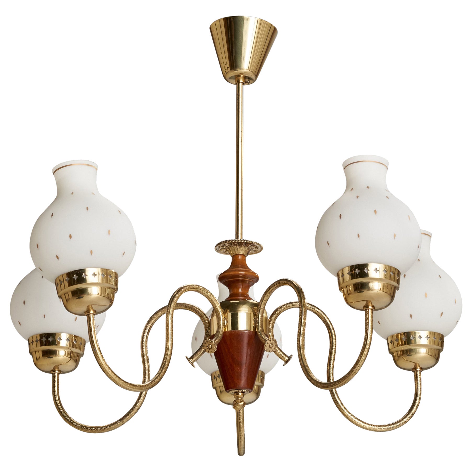 Schwedischer Designer, Kronleuchter, Messing, Holz, Glas, Schweden, 1940er Jahre