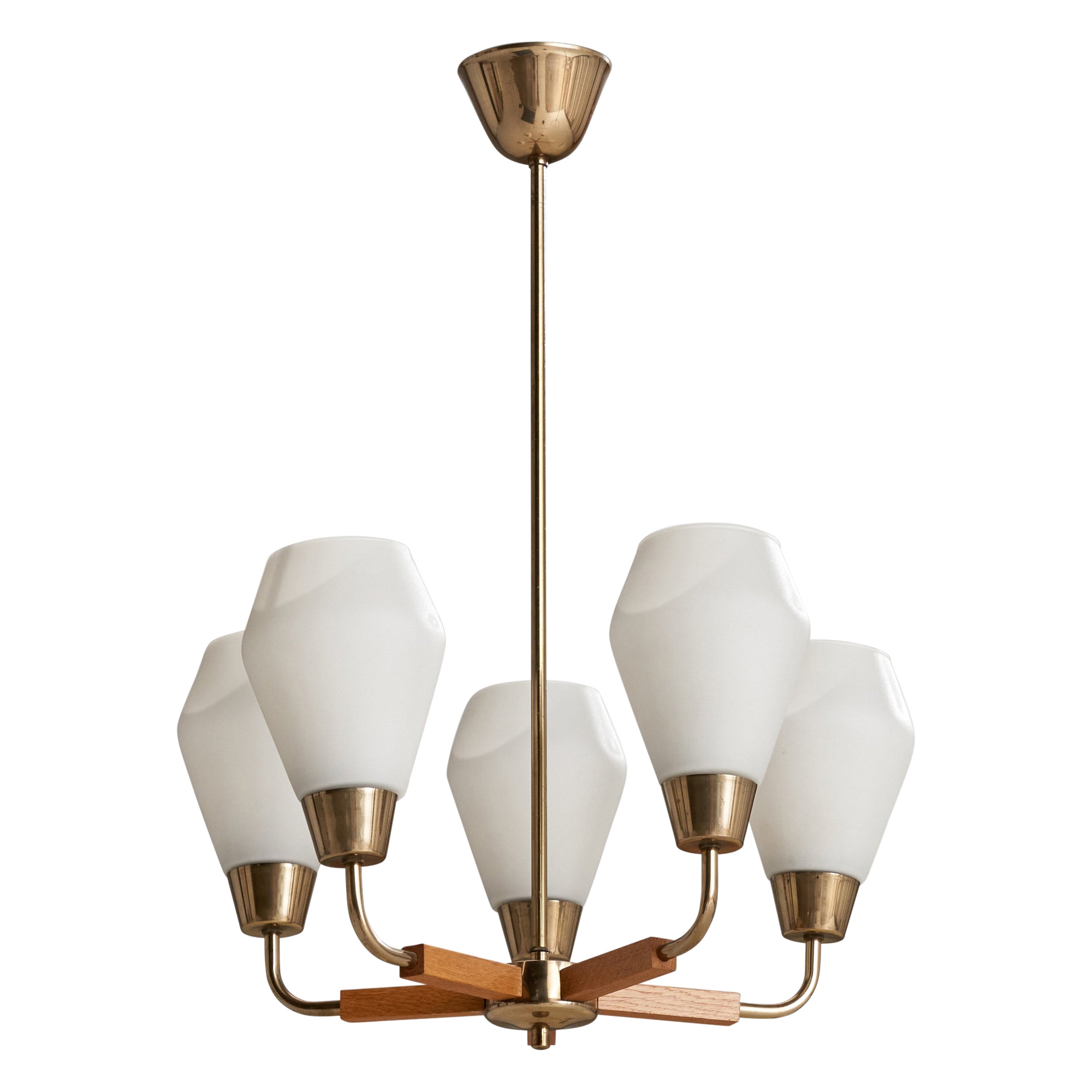 Finnish Designer, Chandelier, Brass, Oak, Glass, Finland, 1950s