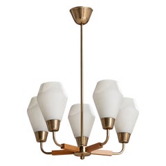 Finnish Designer, Chandelier, Brass, Oak, Glass, Finland, 1950s