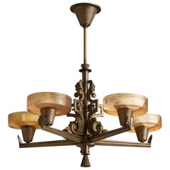 Bröderna Malmströms Metallvarufabrik, Chandelier, Brass, Glass, Sweden, 1930s