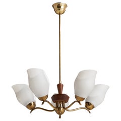 Schwedischer Designer, Kronleuchter, Messing, Holz, Glas, Schweden, 1940er Jahre