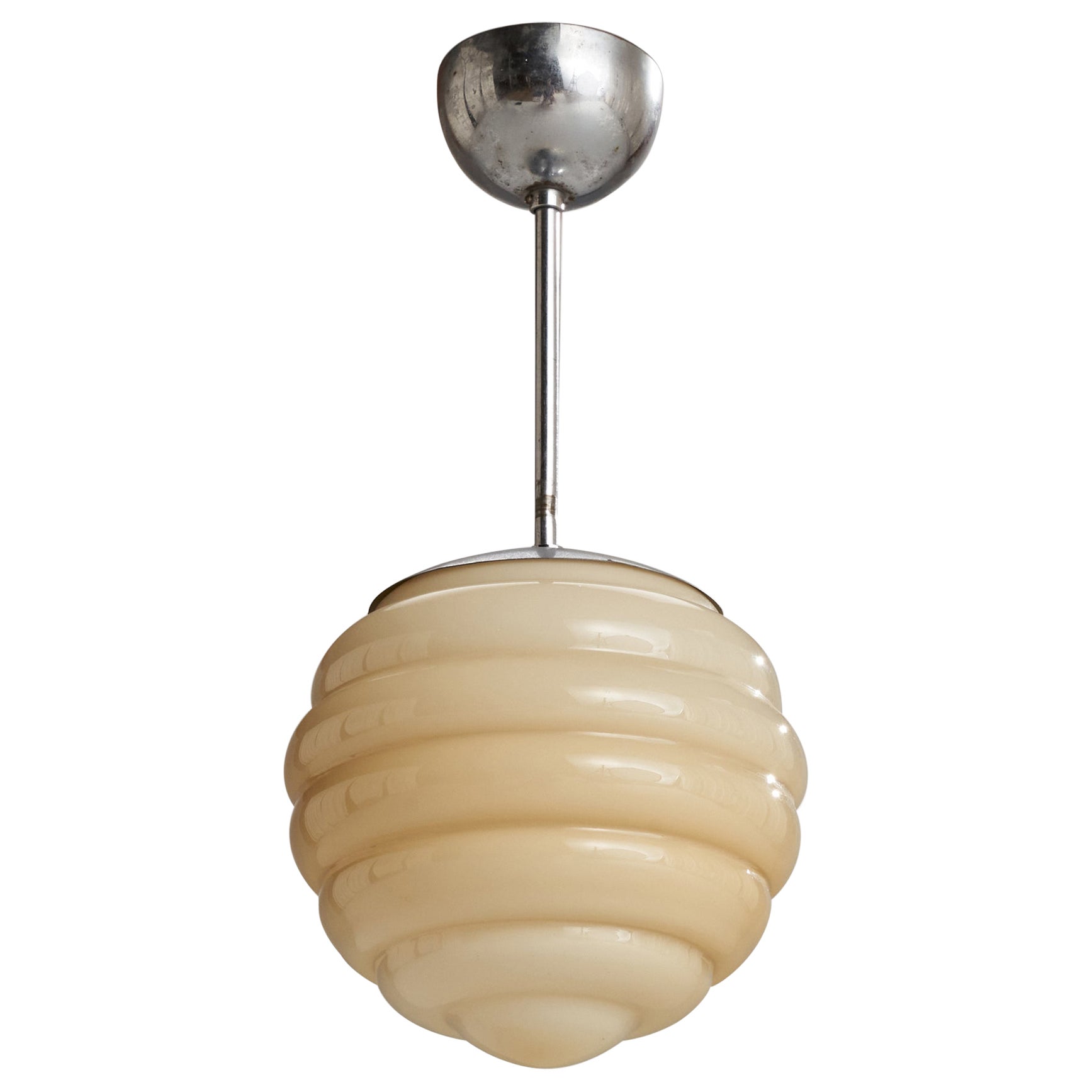Schwedische Designerin, Pendelleuchte, Chrom, Glas, Schweden, 1930er Jahre