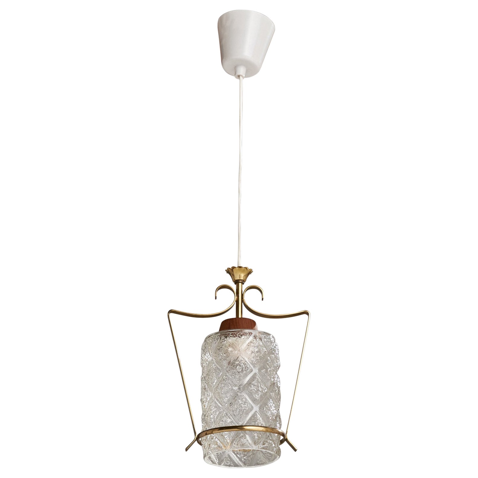 Swedish Designer, Pendant Light, Brass, Teak, Glass, Sweden, 1950s