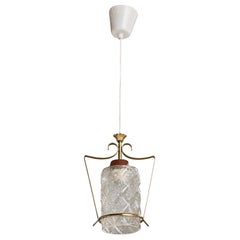 Swedish Designer, Pendant Light, Brass, Teak, Glass, Sweden, 1950s