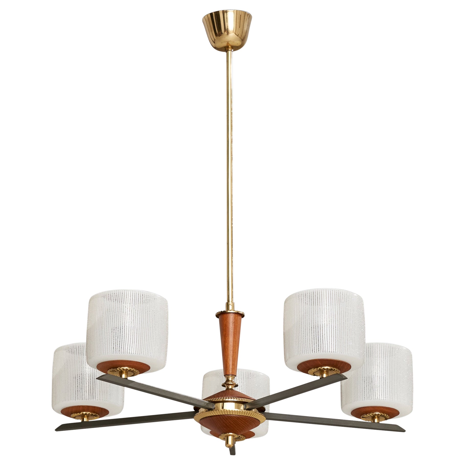 Finnish Designer, Chandelier, Brass, Teak, Metal, Glass, Finland, 1950s