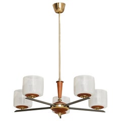 Finnish Designer, Chandelier, Brass, Teak, Metal, Glass, Finland, 1950s