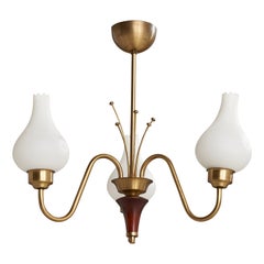 Schwedischer Designer, Kronleuchter, Messing, Glas, Holz, Schweden, 1940er Jahre