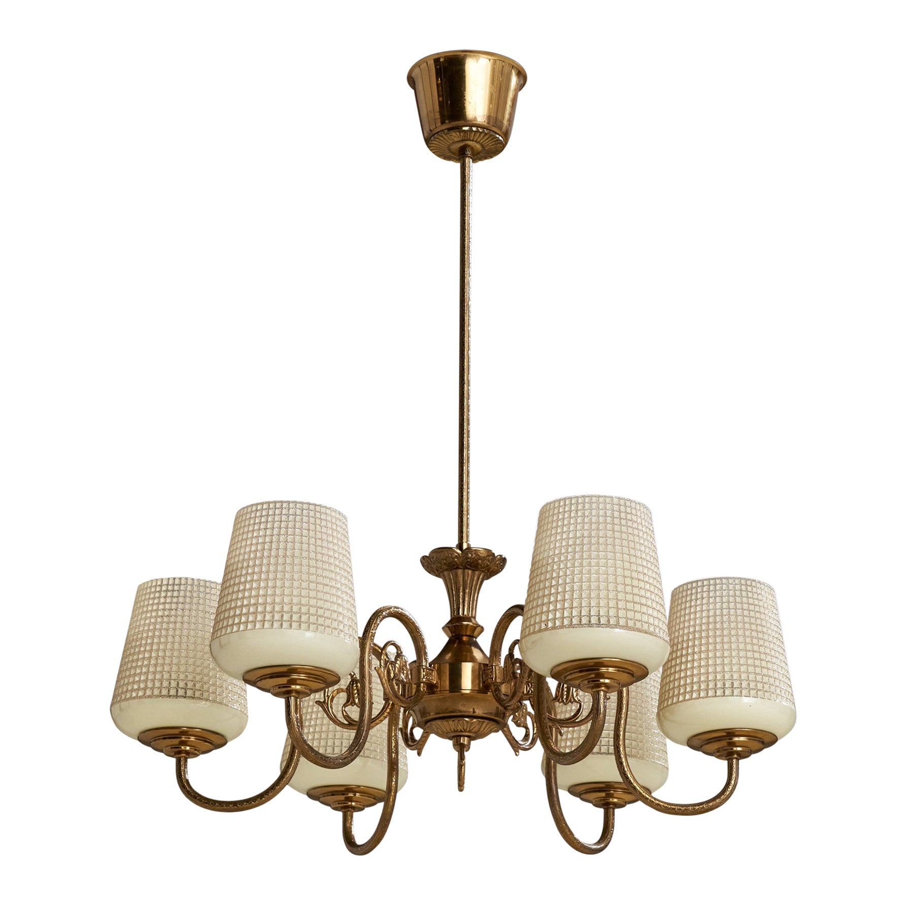Swedish Designer, Chandelier, Brass, Glass, Sweden, 1940s
