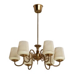 Swedish Designer, Chandelier, Brass, Glass, Sweden, 1940s