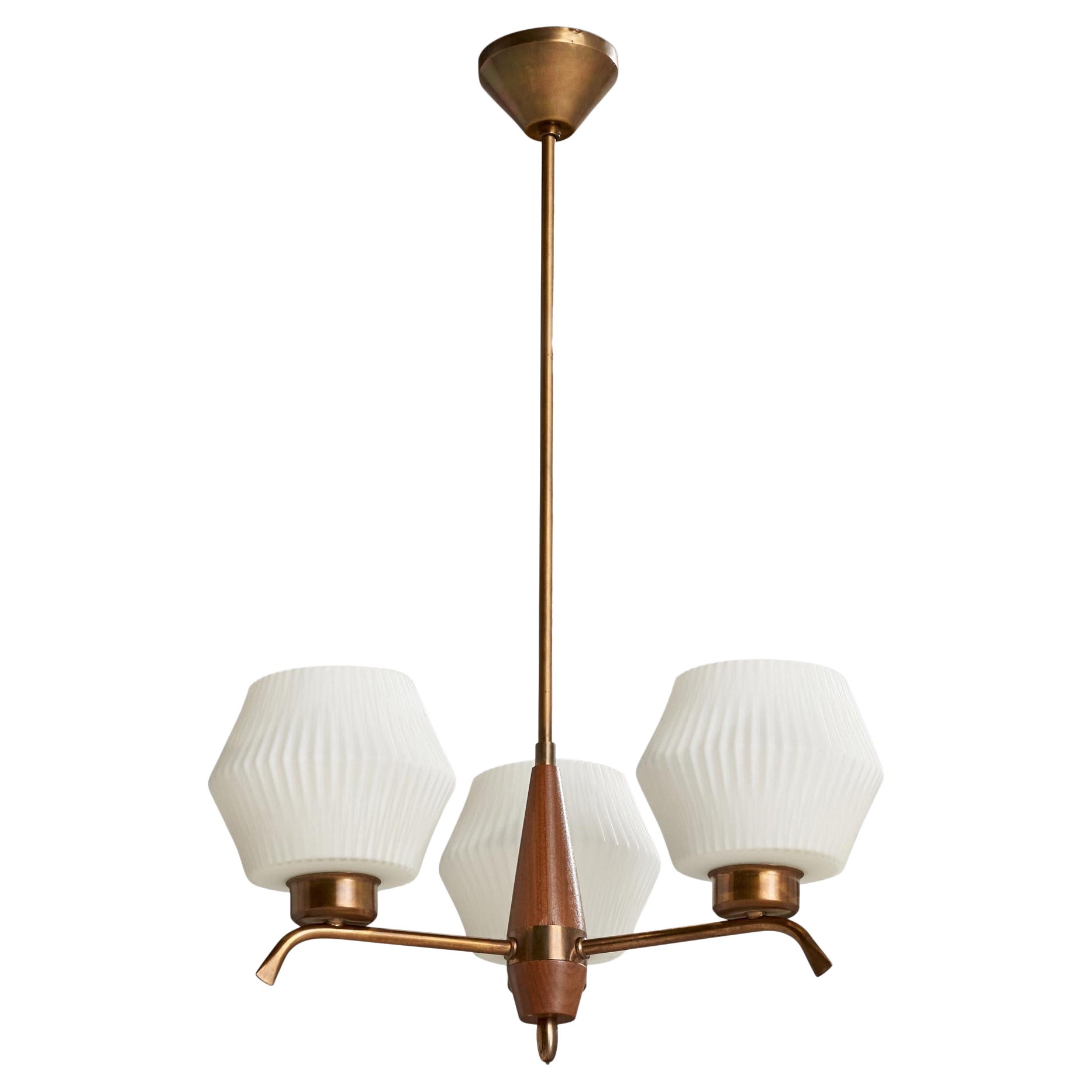 Swedish Designer, Chandelier, Brass, Teak, Glass, Sweden, 1950s