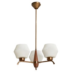 Swedish Designer, Chandelier, Brass, Teak, Glass, Sweden, 1950s