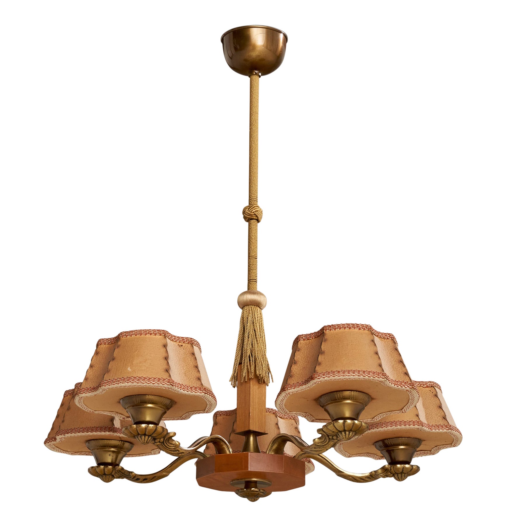 Schwedischer Designer, Kronleuchter, Messing, Holz, Papier, Stoff, Schweden, 1930er Jahre im Angebot