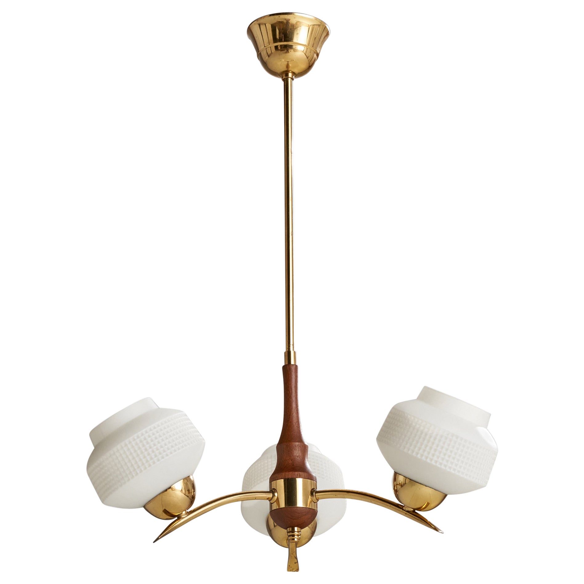 Swedish Designer, Chandelier, Brass, Teak, Glass, Sweden, 1950s