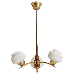 Swedish Designer, Chandelier, Brass, Teak, Glass, Sweden, 1950s