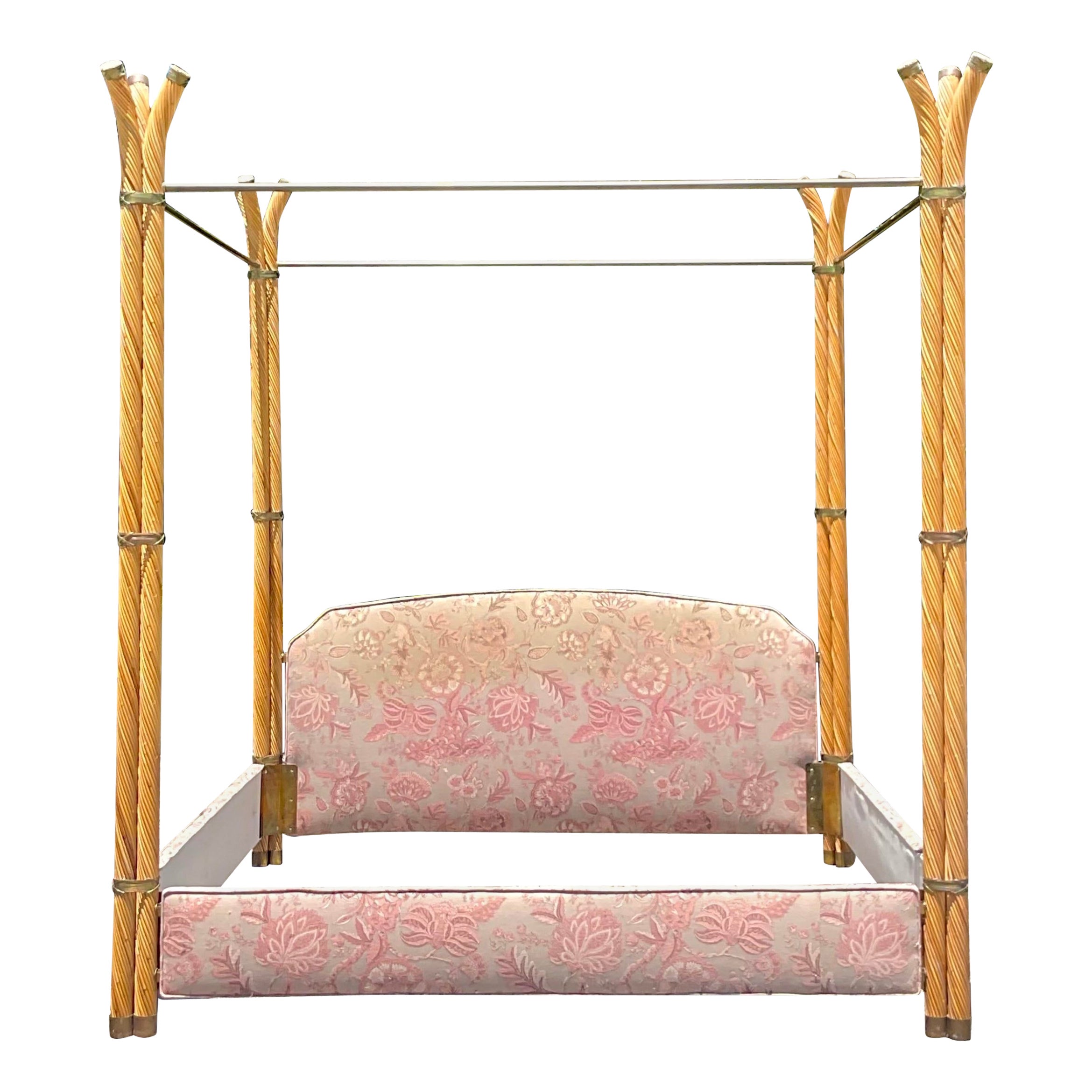 Vintage Coastal Twisted Pencil Reed and Brass King Canopy Bed