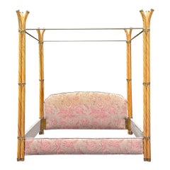 Vintage Coastal Twisted Pencil Reed and Brass King Canopy Bed