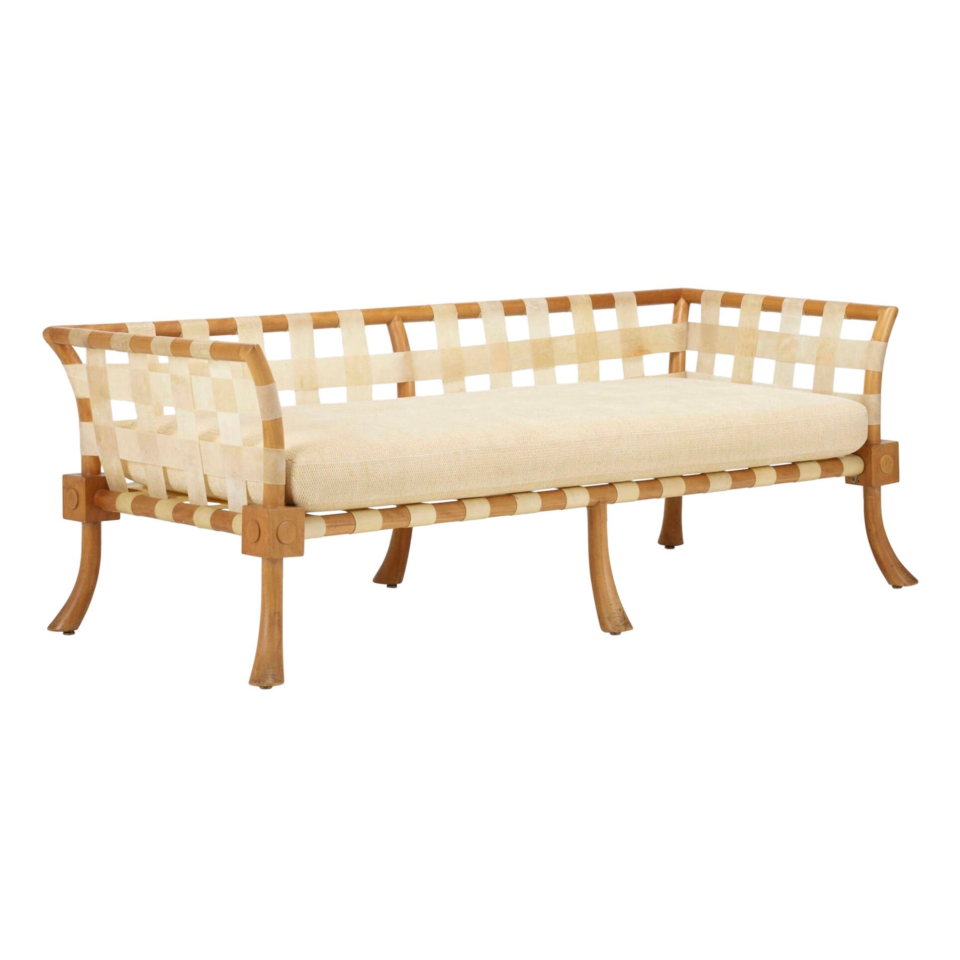 Rare T.H. Robsjohn Gibbings Bleached Walnut & Vellum Strap Sofa Settee