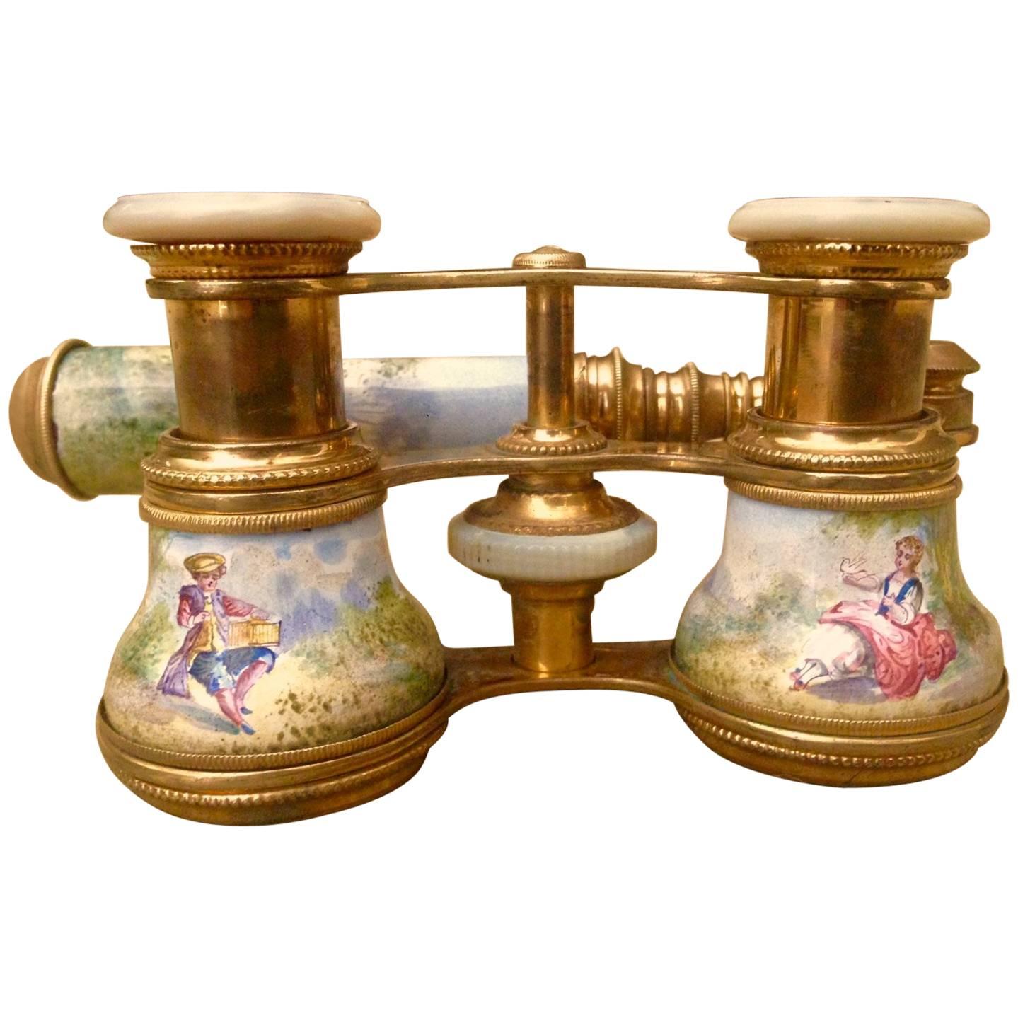 French Enamel Opera Glasses Courtship Scenes Hand-Painted, circa 1880, Paris For Sale