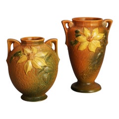 Two Brown Roseville Art Pottery Vases with Clematis Pattern Mid 20thC