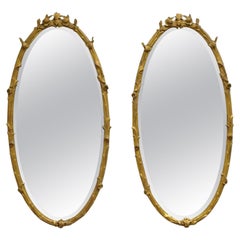 French Rococo Baroque Style Gold Gilt Oval Beveled Glass Wall Mirrors - a Pair