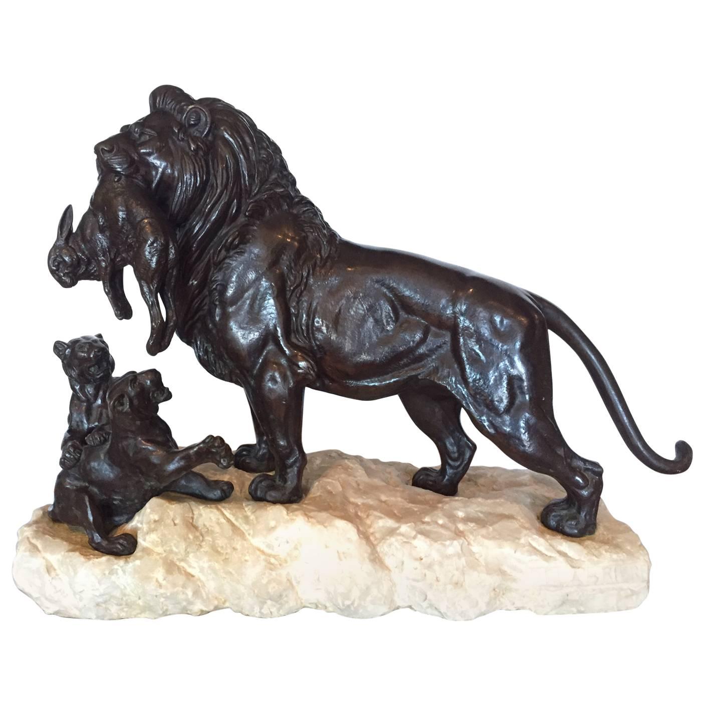 Antique Bronze and Marble Group Lion and Cubs by P. Delabriere, 19th Century For Sale