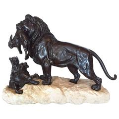 Antique Bronze and Marble Group Lion and Cubs by P. Delabriere, 19th Century