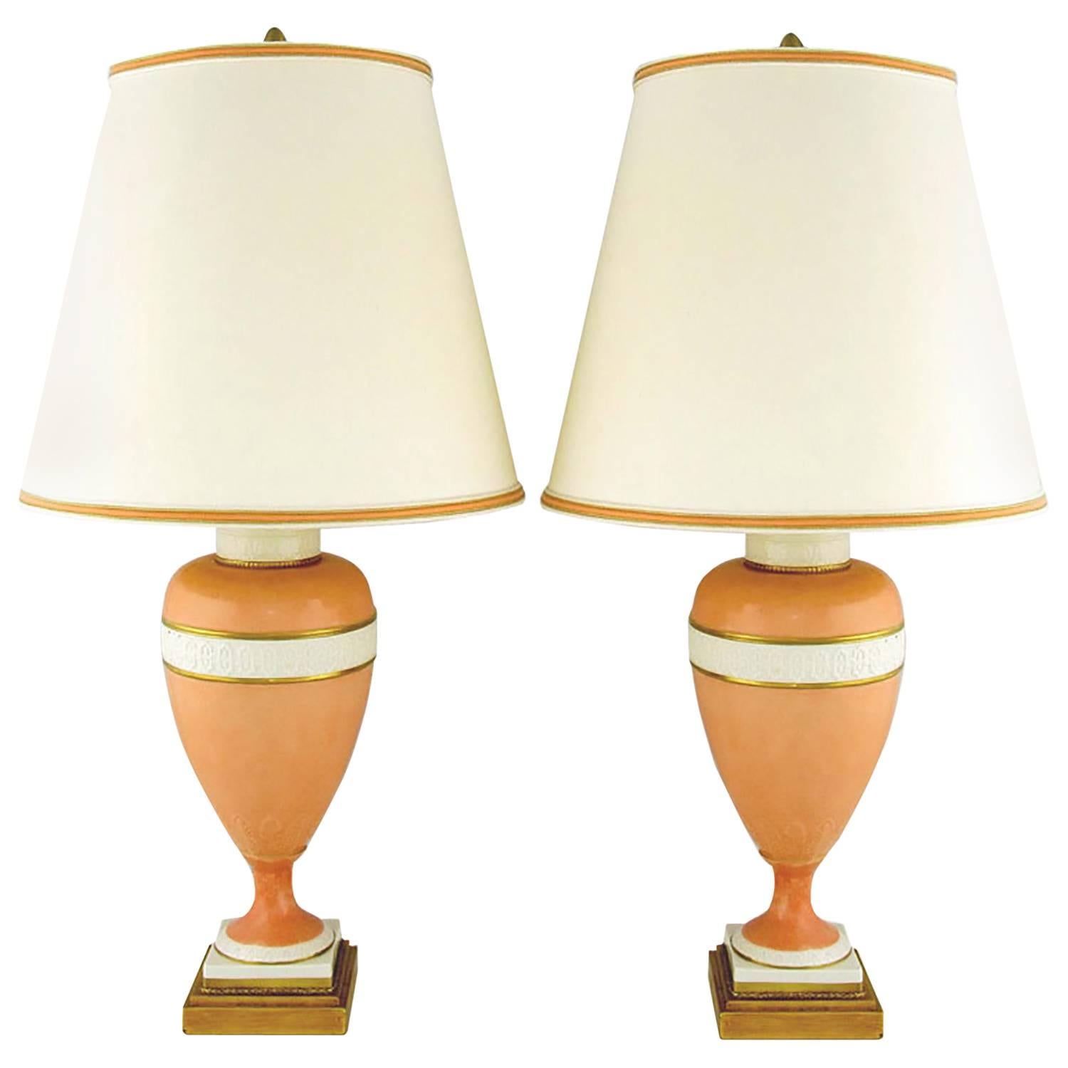 Pair of Marbro Coral and White Porcelain Neoclassical Lamps For Sale