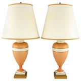 Pair of Marbro Coral and White Porcelain Neoclassical Lamps